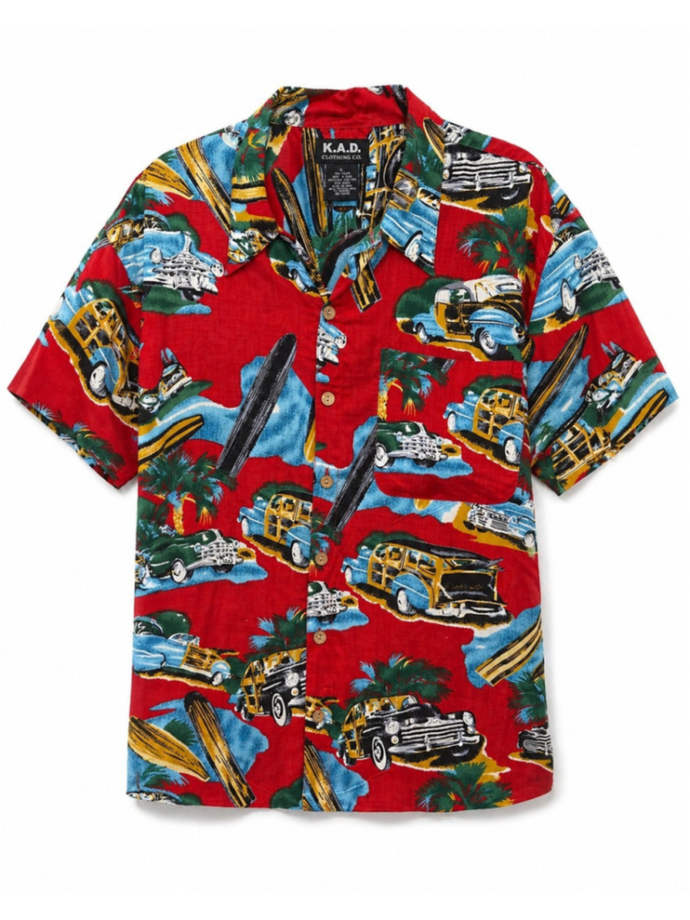 K.A.D. Mens Sz L NWT Deadstock Hawaiian Camp Shirt Woodie Wagon Woody Surfboard